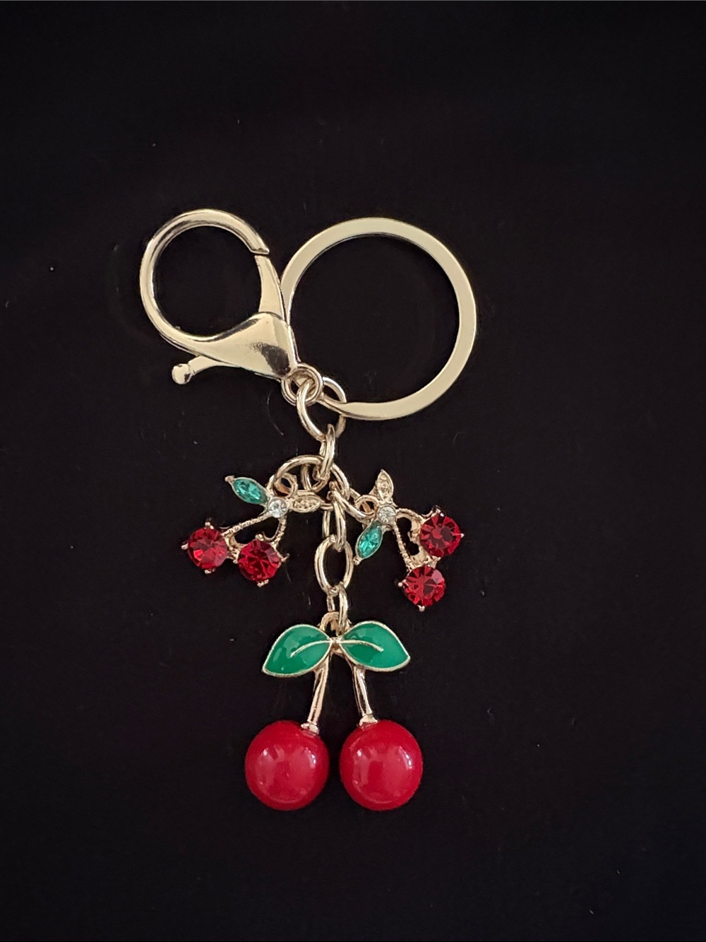 Cherry Charm Keychain Bag Charm with Red Rhinestones and Green Enamel Leaves